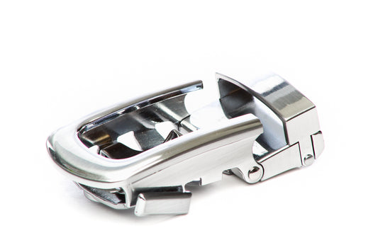 Men's traditional with a curve ratchet belt buckle in silver with a 1.25-inch width.