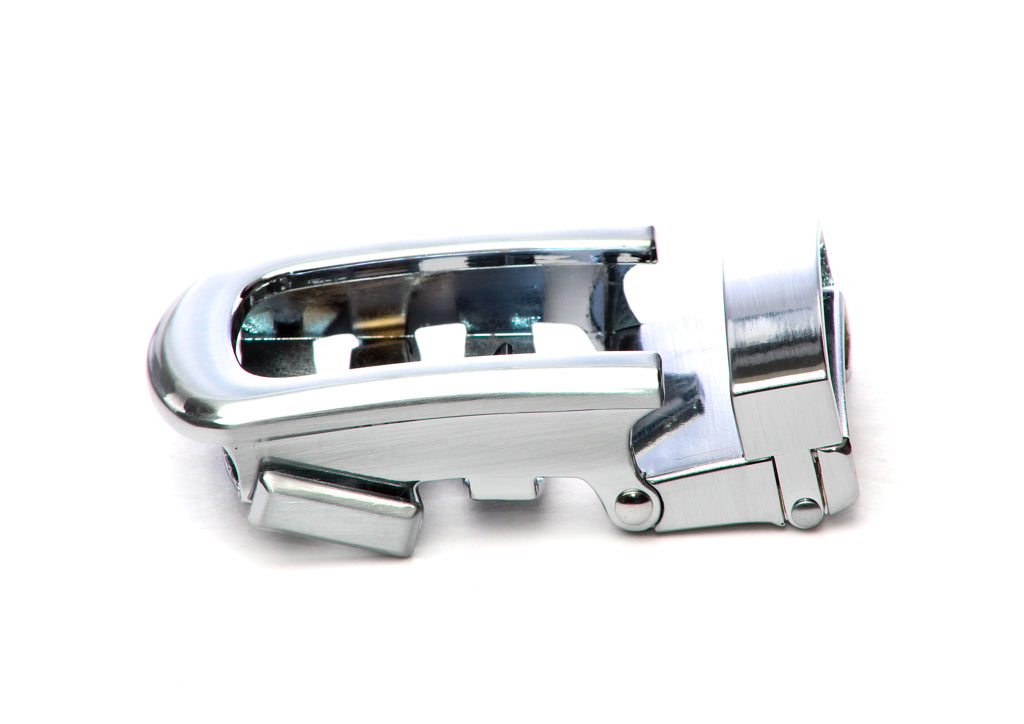 Men's traditional with a curve ratchet belt buckle in silver with a 1.25-inch width, left side view.