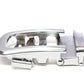 Men's traditional with a curve ratchet belt buckle in silver with a width of 1.5 inches, left side view.