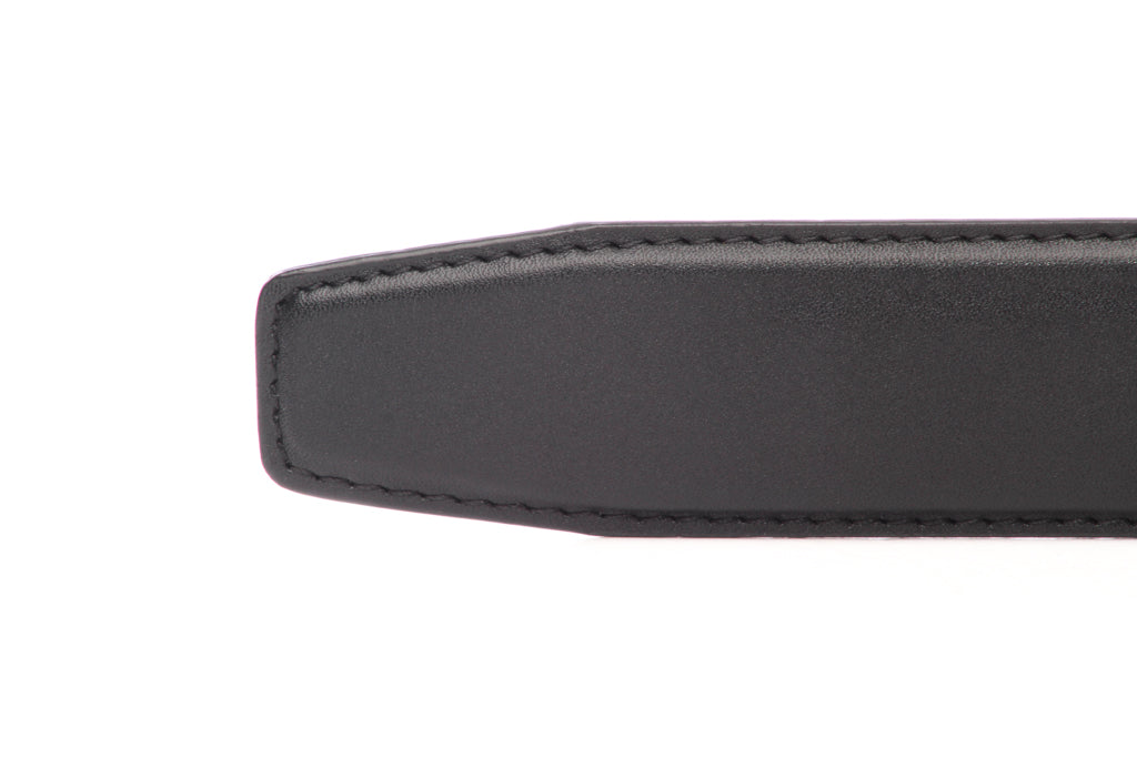 Men's vegan microfiber belt strap in black, 1.5 inches wide, formal look, tip of the strap