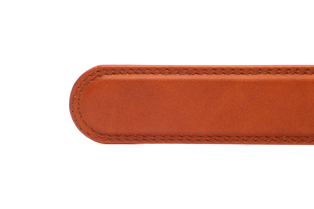 Men's vegan microfiber belt strap in british tan with a 1.25-inch width, formal look, tip of the strap