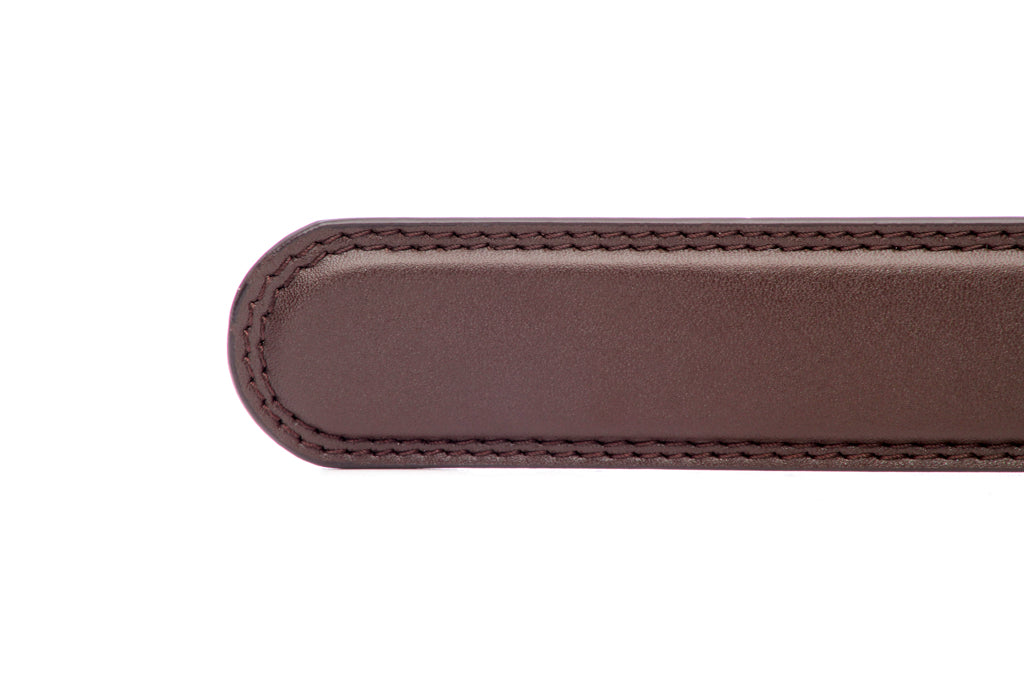 Men's vegan microfiber belt strap in chocolate with a 1.25-inch width, formal look, tip of the strap