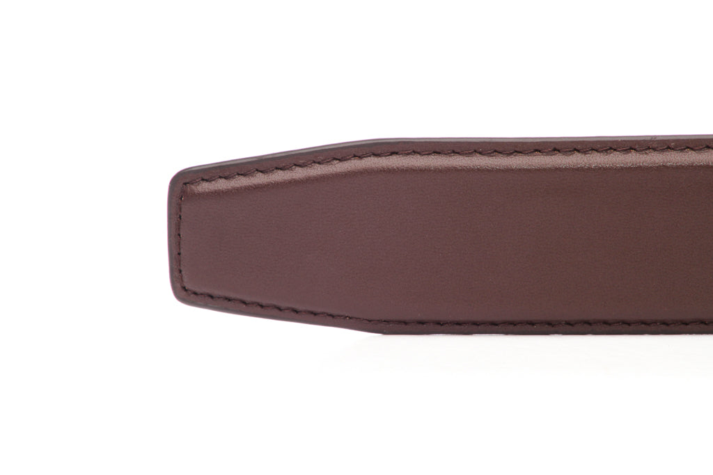 Men's vegan microfiber belt strap in chocolate, 1.5 inches wide, formal look, tip of the strap