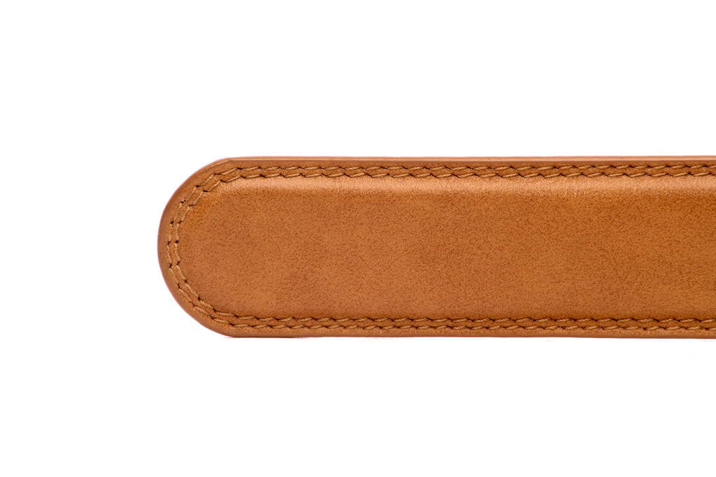 Men's vegan microfiber belt strap in honey with a 1.25-inch width, formal look, tip of the strap