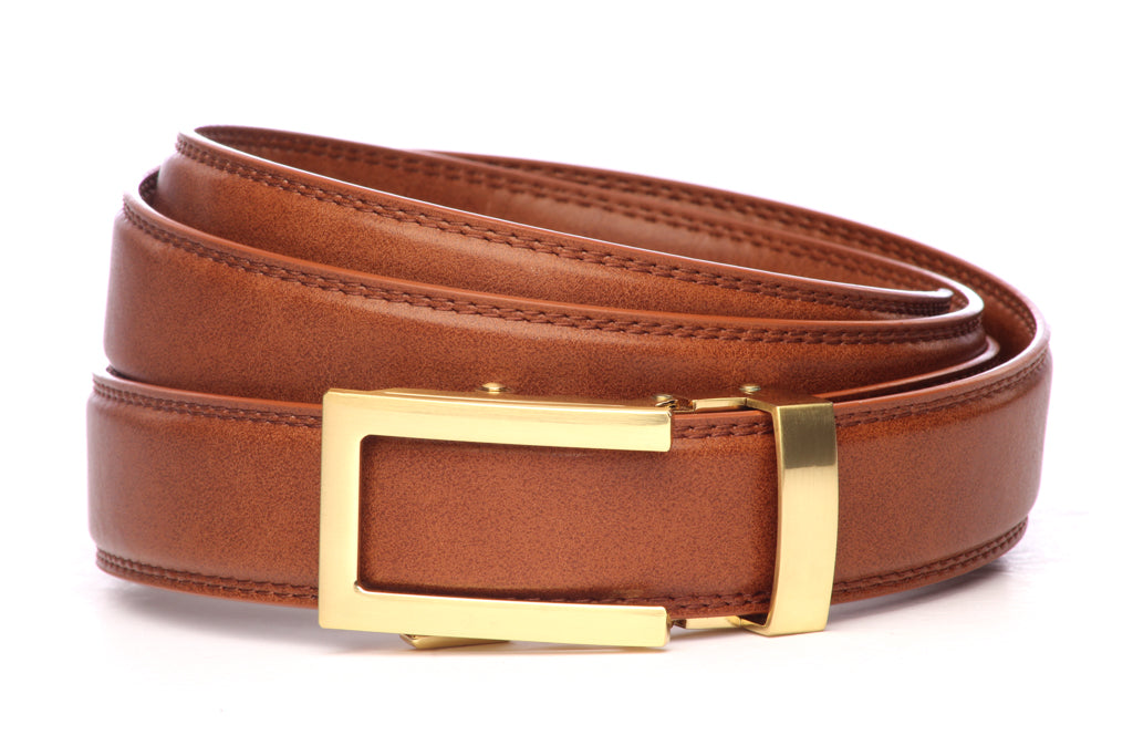 Men’s whiskey vegan microfiber belt strap with traditional buckle in gold, formal look, 1.25 inches wide