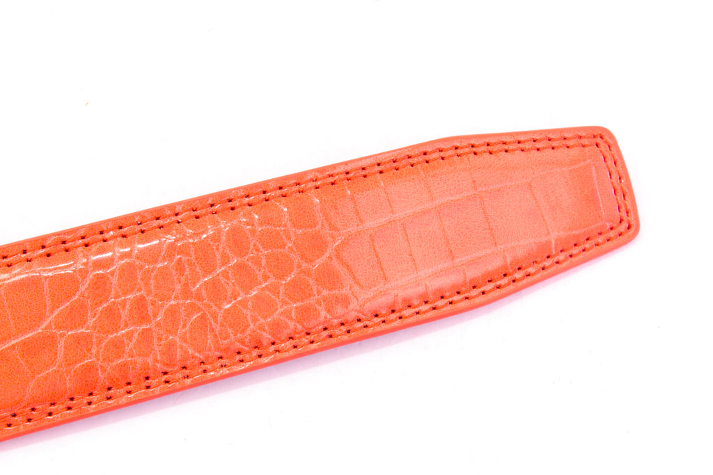 Alt tag 4: Women's faux gator belt strap in coral, 1.25 inches wide, formal look, tip of the strap