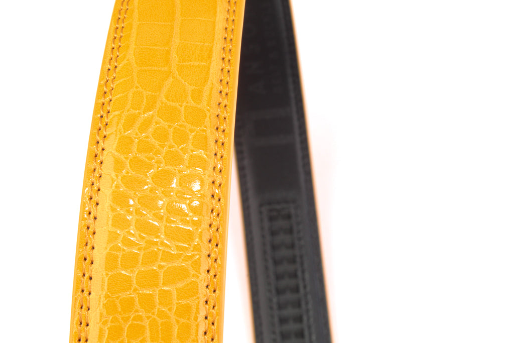 Women's faux gator belt strap in orange, 1.25 inches wide, formal look, front and back