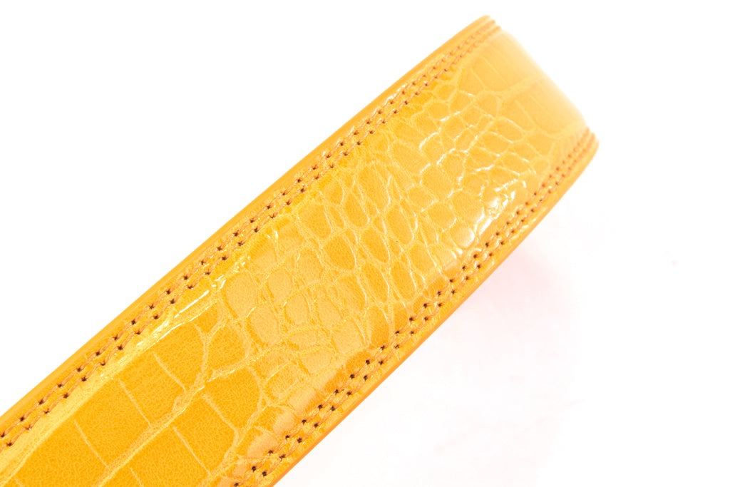 Women's faux gator belt strap in orange, 1.25 inches wide, formal look, slanted view
