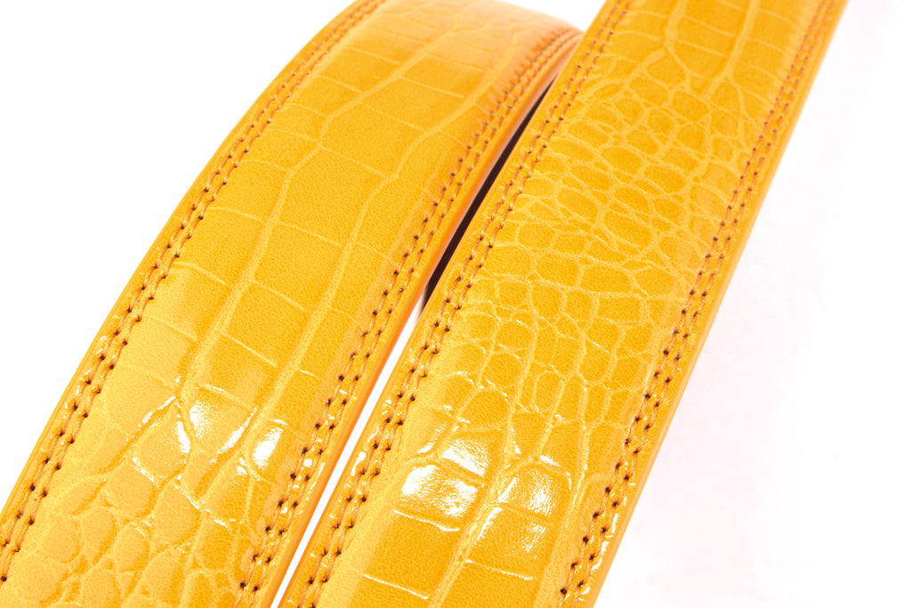 Women's faux gator belt strap in orange, 1.25 inches wide, formal look, stitching close up