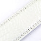 Women's faux gator belt strap in white, 1.25 inches wide, formal look, stitching close up