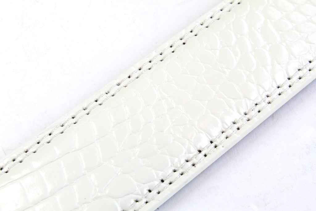 Women's faux gator belt strap in white, 1.25 inches wide, formal look, stitching close up