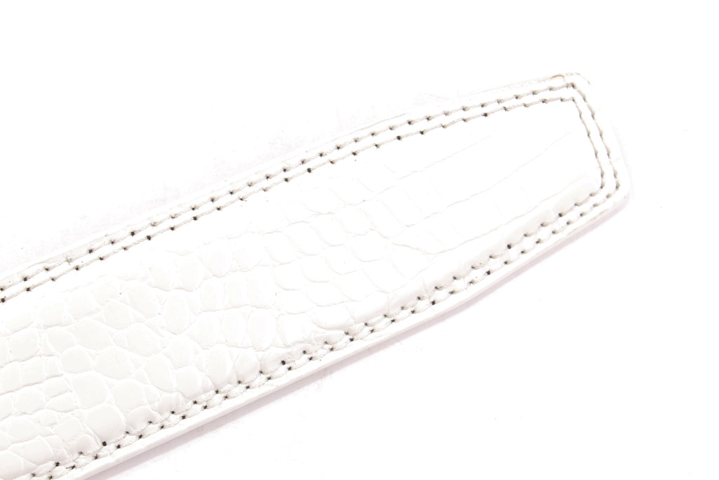 Women's faux gator belt strap in white, 1.25 inches wide, formal look, tip of the strap