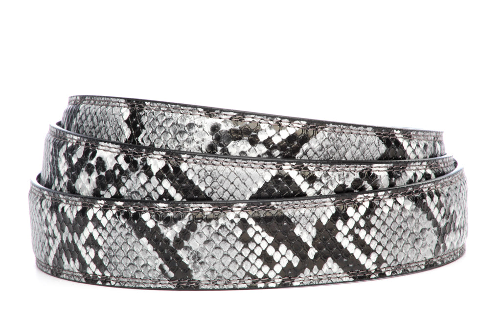Women's vegan leather belt strap in black and white boa print, 1.25 inches wide, casual look