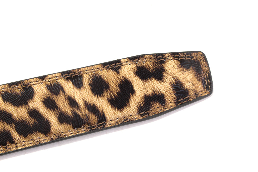 Women's vegan leather belt strap in leopard, 1.25 inches wide, casual look, tip of the strap