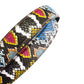 Women's vegan leather belt strap in multi-colored boa print, dark blue and light blue, 1.25 inches wide, casual look, curled up