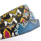 Women's vegan leather belt strap in multi-colored boa print, dark blue and light blue, 1.25 inches wide, casual look, full roll