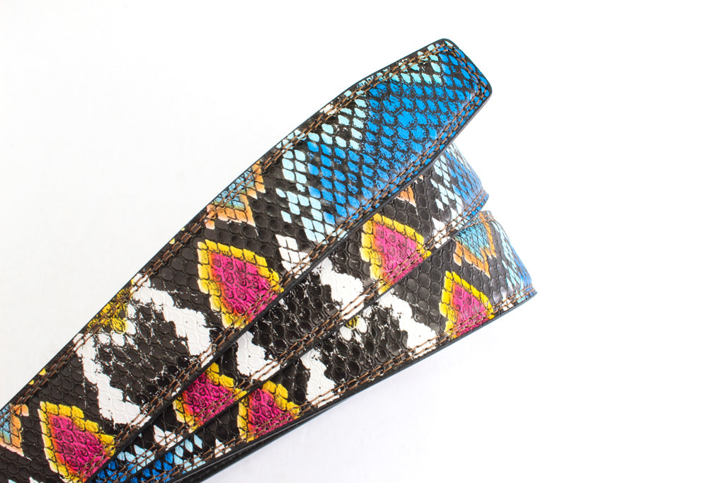 Women's vegan leather belt strap in multi-colored boa print, dark blue and light blue, 1.25 inches wide, casual look, full roll, slanted view