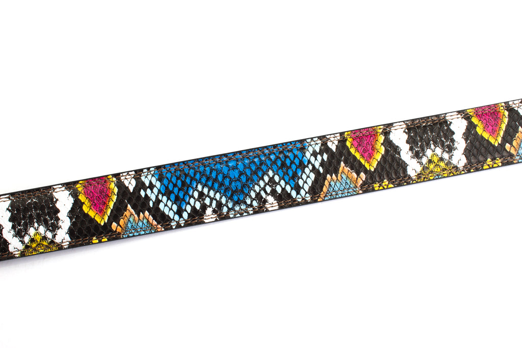 Women's vegan leather belt strap in multi-colored boa print, dark blue and light blue, 1.25 inches wide, casual look, slanted view