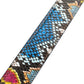 Women's vegan leather belt strap in multi-colored boa print, dark blue and light blue, 1.25 inches wide, casual look, stitching close up