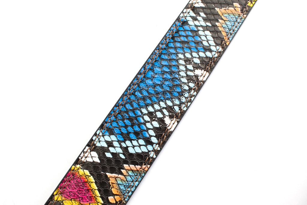 Women's vegan leather belt strap in multi-colored boa print, dark blue and light blue, 1.25 inches wide, casual look, stitching close up
