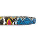 Women's vegan leather belt strap in multi-colored boa print, dark blue and light blue, 1.25 inches wide, casual look, tip of the strap