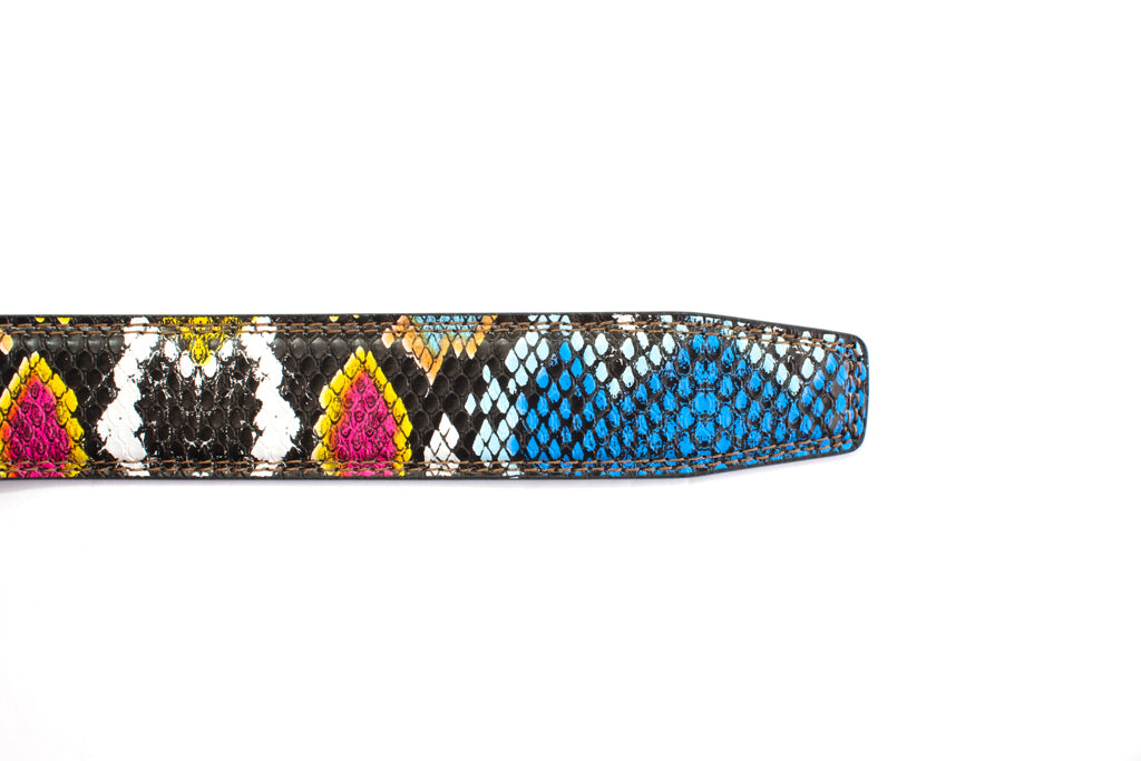 Women's vegan leather belt strap in multi-colored boa print, dark blue and light blue, 1.25 inches wide, casual look, tip of the strap