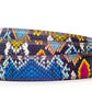 Women's vegan leather belt strap in multi-colored boa print, dark blue and light blue, 1.25 inches wide, casual look