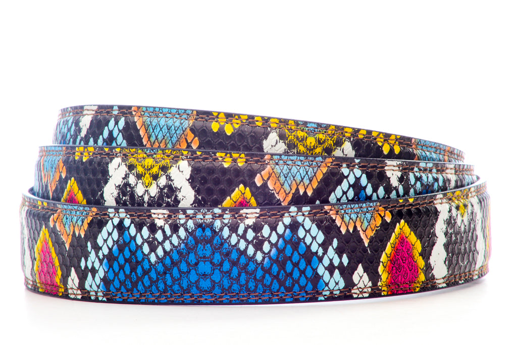 Women's vegan leather belt strap in multi-colored boa print, dark blue and light blue, 1.25 inches wide, casual look