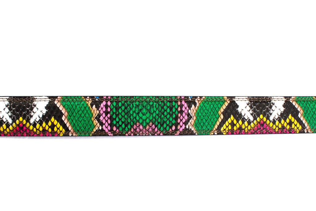 Women's vegan leather belt strap in multi-colored boa print, green and light pink, 1.25 inches wide, casual look, flat lay