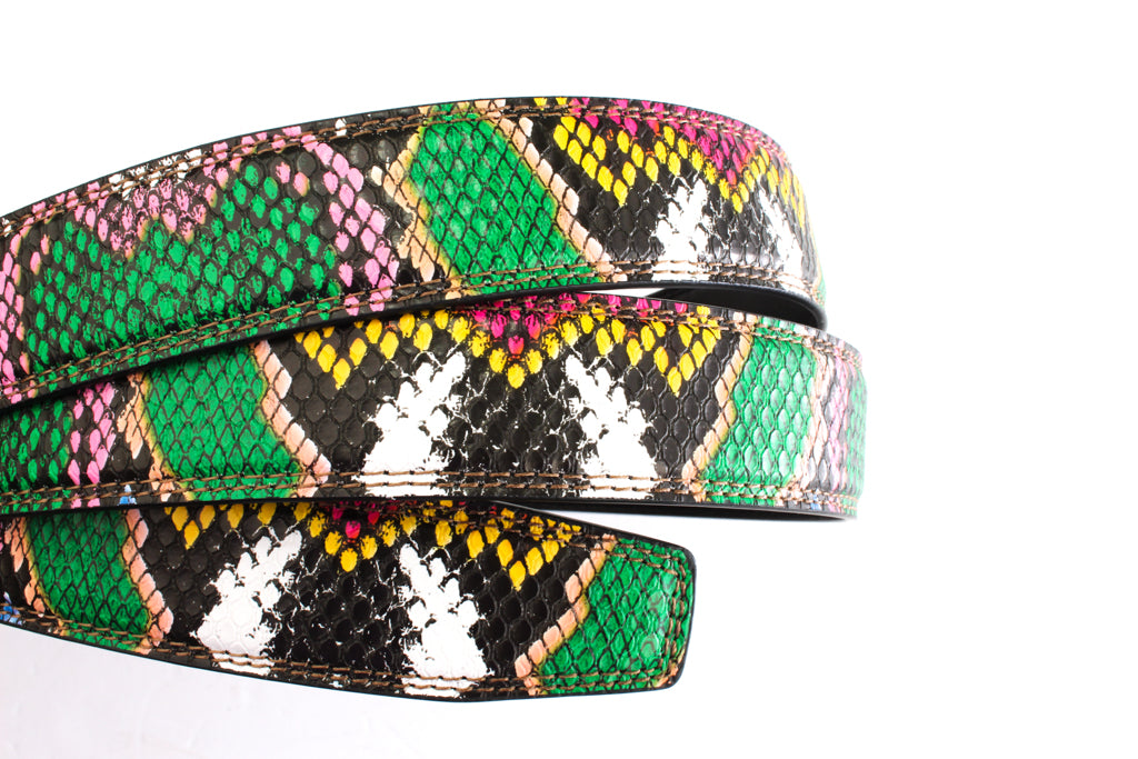 Women's vegan leather belt strap in multi-colored boa print, green and light pink, 1.25 inches wide, casual look, full roll