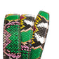 Women's vegan leather belt strap in multi-colored boa print, green and light pink, 1.25 inches wide, full roll, print close up