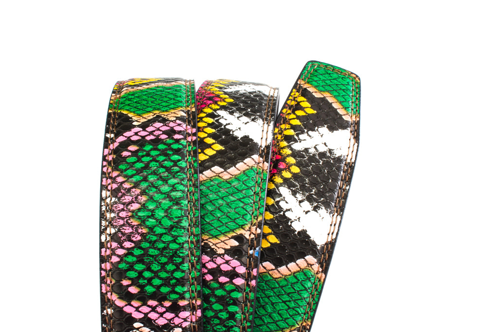 Women's vegan leather belt strap in multi-colored boa print, green and light pink, 1.25 inches wide, full roll, print close up