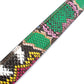 Women's vegan leather belt strap in multi-colored boa print, green and light pink, 1.25 inches wide, casual look, stitching close up