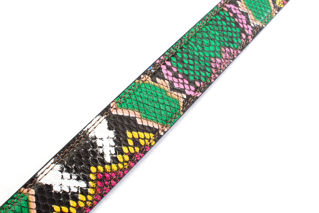 Women's vegan leather belt strap in multi-colored boa print, green and light pink, 1.25 inches wide, casual look, stitching close up