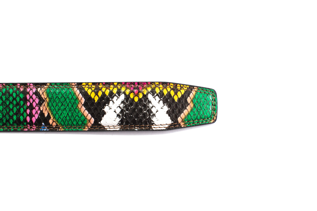 Women's vegan leather belt strap in multi-colored boa print, green and light pink, 1.25 inches wide, casual look, tip of the strap