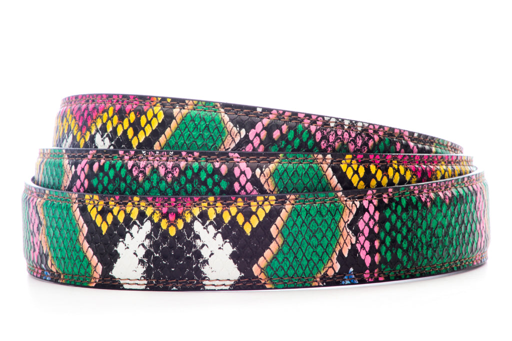 Women's vegan leather belt strap in multi-colored boa print, green and light pink, 1.25 inches wide, casual look