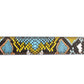 Women's vegan leather belt strap in multi-colored boa print, light blue and yellow, 1.25 inches wide, casual look, flat lay