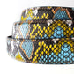 Women's vegan leather belt strap in multi-colored boa print, light blue and yellow, 1.25 inches wide, casual look, full roll