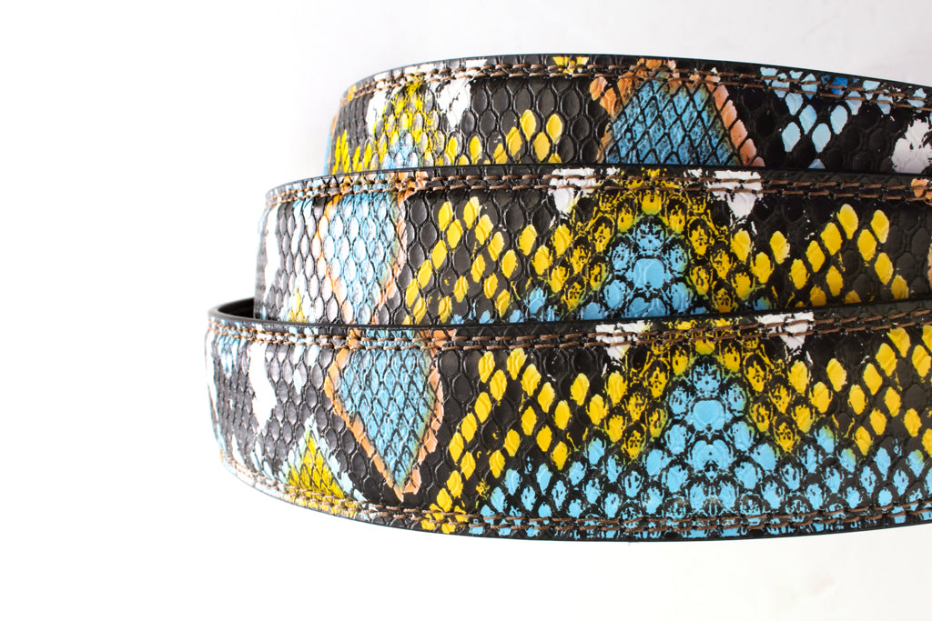 Women's vegan leather belt strap in multi-colored boa print, light blue and yellow, 1.25 inches wide, casual look, full roll