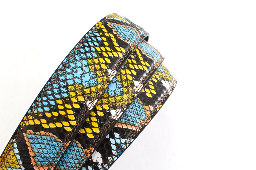 Women's vegan leather belt strap in multi-colored boa print, light blue and yellow, 1.25 inches wide, casual look, full roll, slanted view
