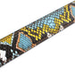 Women's vegan leather belt strap in multi-colored boa print, light blue and yellow, 1.25 inches wide, casual look, slanted view