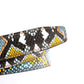 Women's vegan leather belt strap in multi-colored boa print, light blue and yellow, 1.25 inches wide, casual look, stitching close up