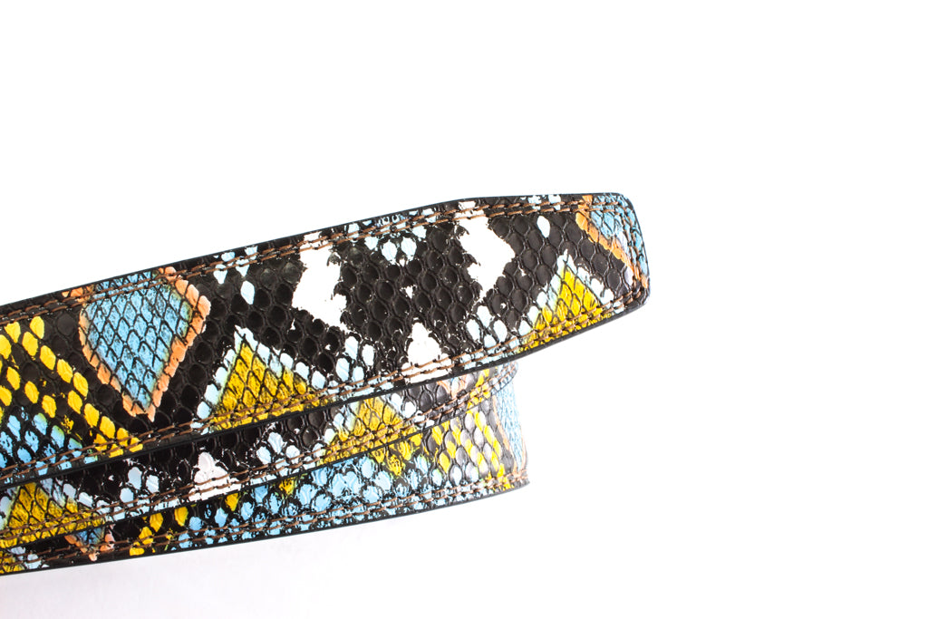Women's vegan leather belt strap in multi-colored boa print, light blue and yellow, 1.25 inches wide, casual look, stitching close up