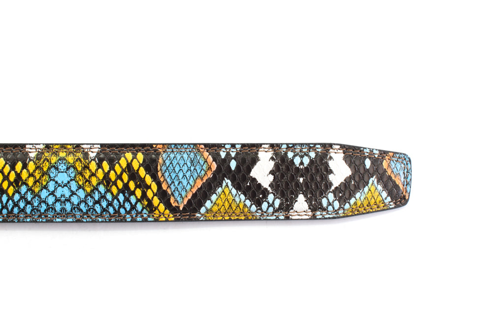 Women's vegan leather belt strap in multi-colored boa print, light blue and yellow, 1.25 inches wide, casual look, tip of the strap
