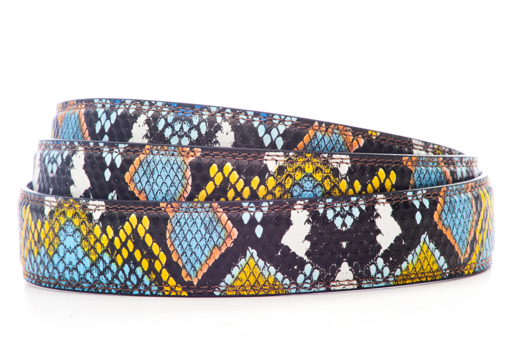 Women's vegan leather belt strap in multi-colored boa print, light blue and yellow, 1.25 inches wide, casual look