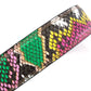 Women's vegan leather belt strap in multi-colored boa print, pink and green, 1.25 inches wide, casual look, slanted view