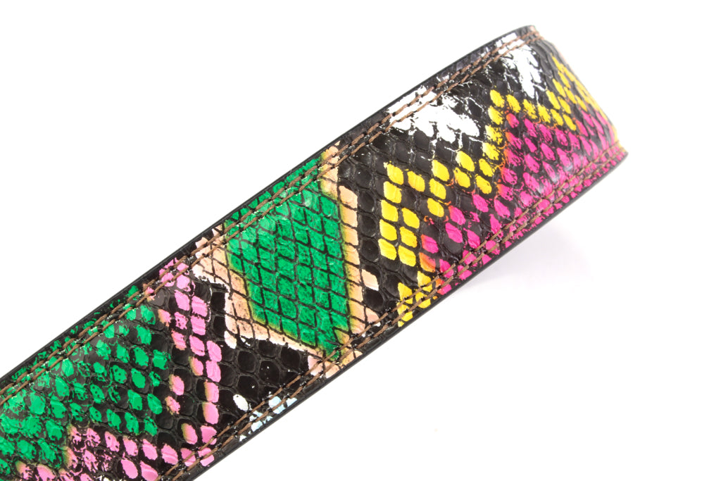 Women's vegan leather belt strap in multi-colored boa print, pink and green, 1.25 inches wide, casual look, slanted view