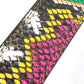 Women's vegan leather belt strap in multi-colored boa print, pink and green, 1.25 inches wide, casual look, stitching close up