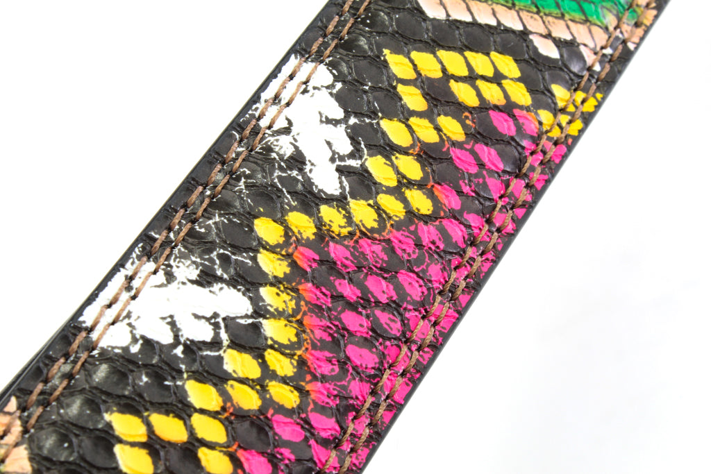 Women's vegan leather belt strap in multi-colored boa print, pink and green, 1.25 inches wide, casual look, stitching close up
