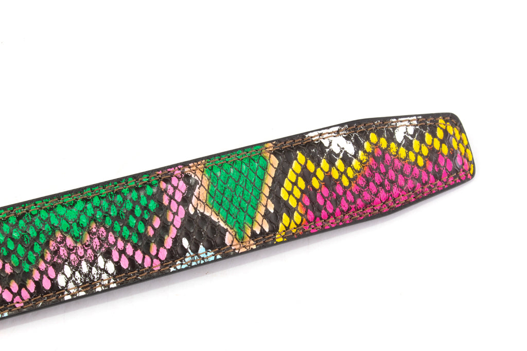 Women's vegan leather belt strap in multi-colored boa print, pink and green, 1.25 inches wide, casual look, tip of the strap